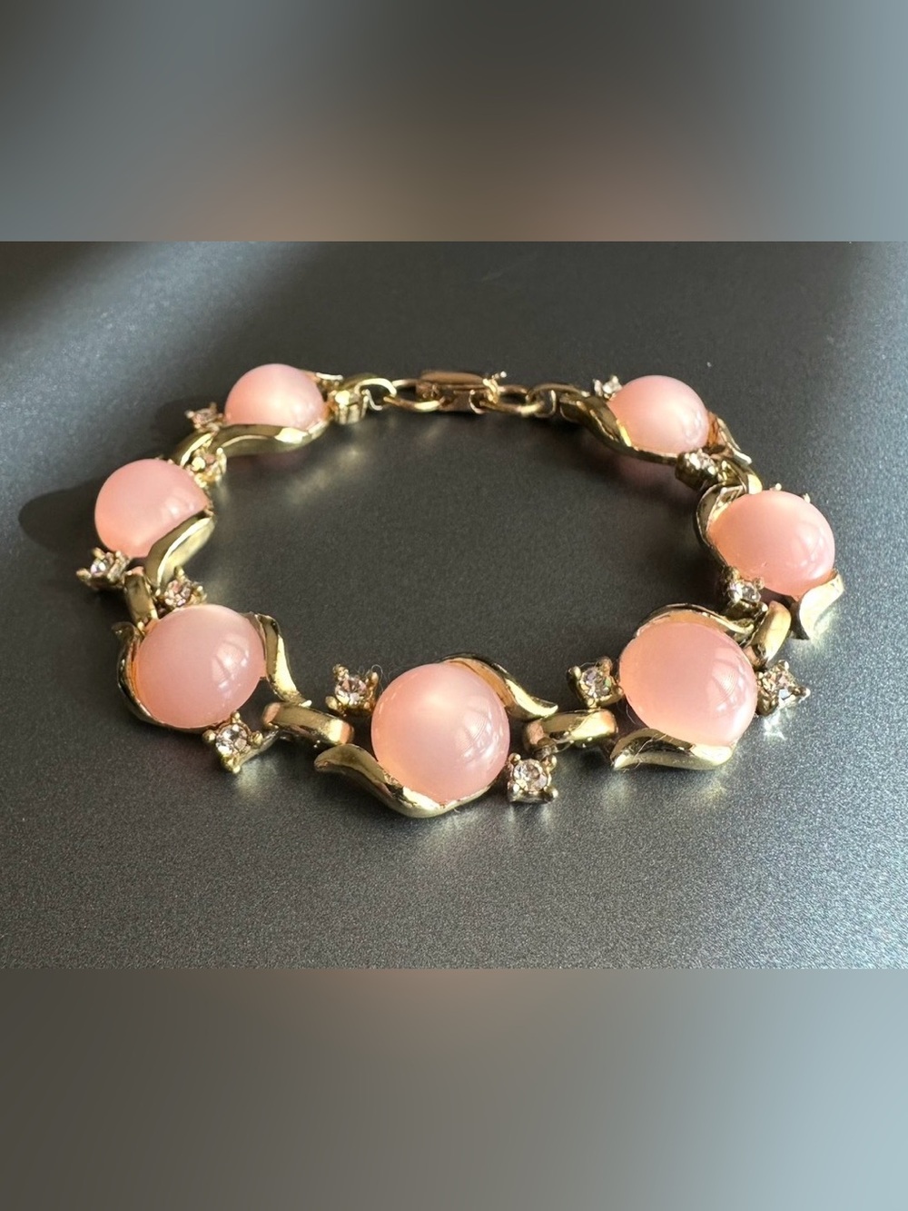 CORO Moonglow Link Bracelet Mid-Century Pink Lucite Gold Tone & Rhinestones